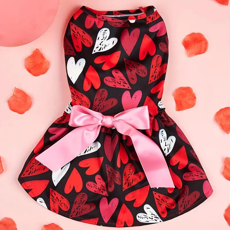 TM - PET PLUS LTD Dog Apparel XS Festive Hearts Print with Pink Bow Dog Dress