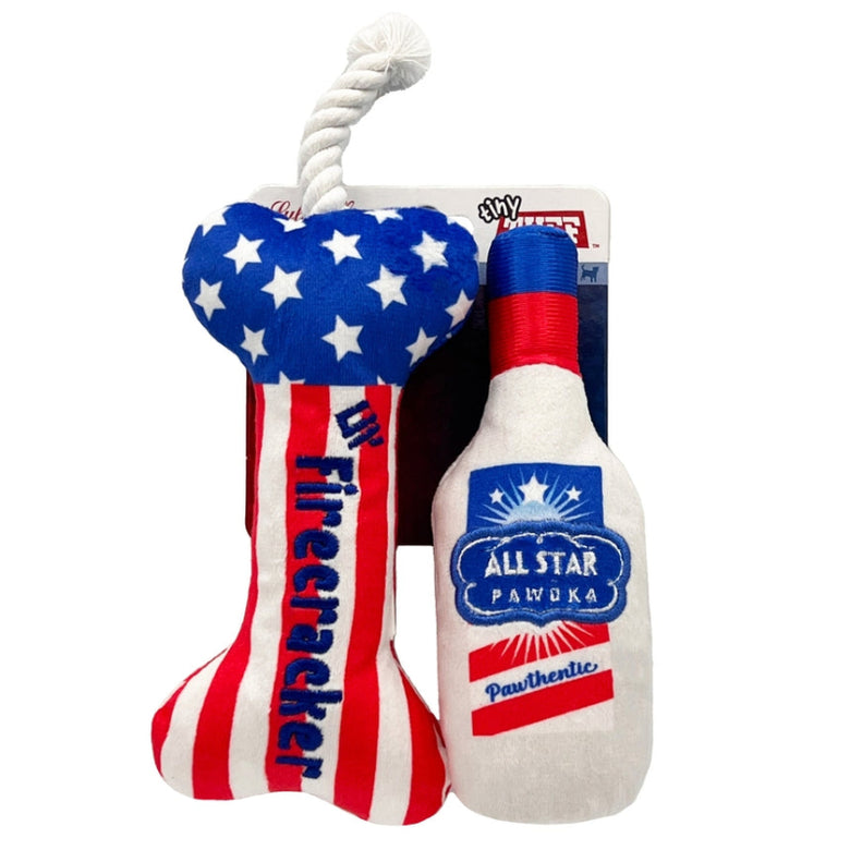 Red, White & Booze Patriotic Plush Squeaky Dog Toy Set - 2pk