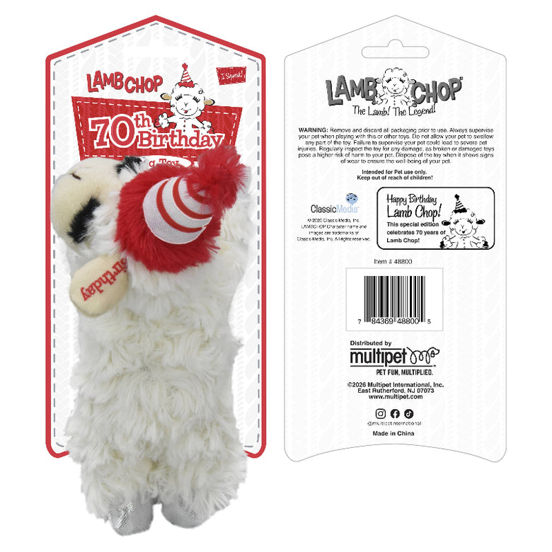 70th Birthday Lambchop Plush Squeaky Dog Toy - 6"