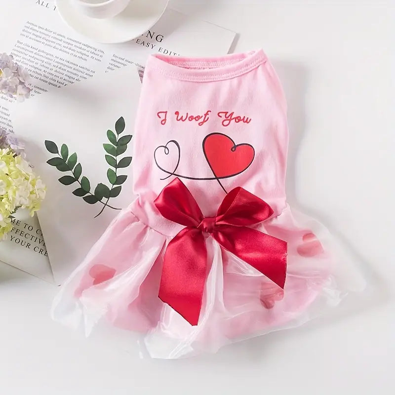 TM - AECCN HOME Dog Apparel MD I Woof You Heart Pink with Red Bow Dog Dress
