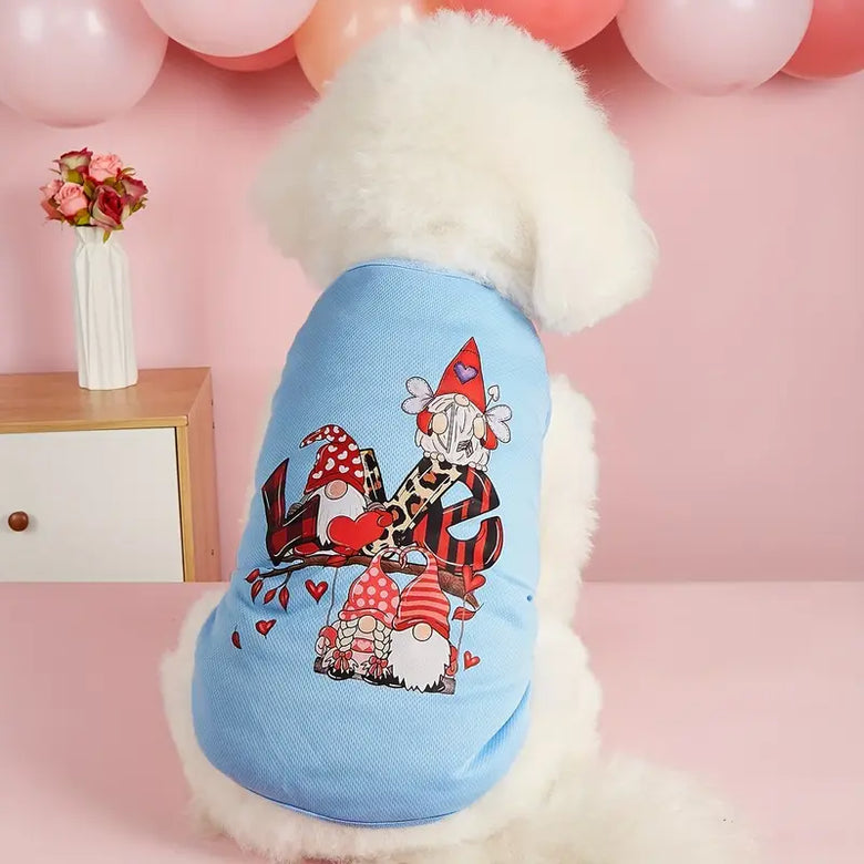 TM - PET PLUS LTD dog apparel Gnomes Love Heart Print Light Jersey Blue Pet Tee