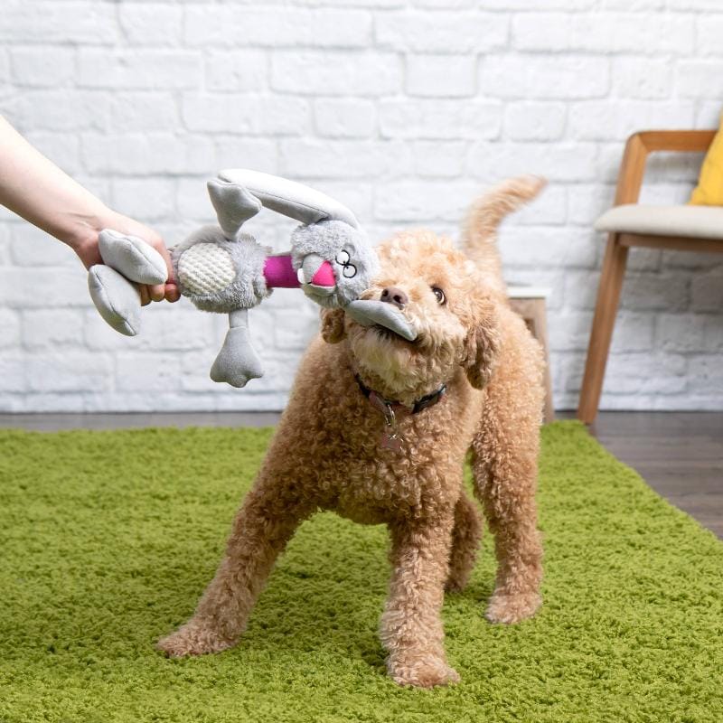 GoDog dog toys Multi Tugs Grey Rabbit Easter Spring Plush Squeak Rope Dog Toy