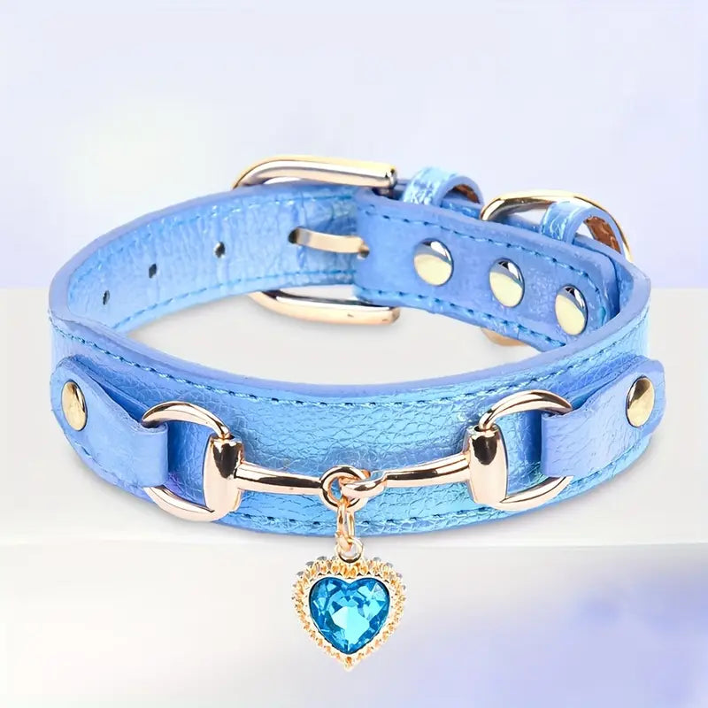 TM - NIKKO PETS Collars XS Love Heart Bling Charm Blue Iridescent Leather Pet Collar - XS