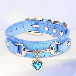 TM - NIKKO PETS Collars XS Love Heart Bling Charm Blue Iridescent Leather Pet Collar - XS