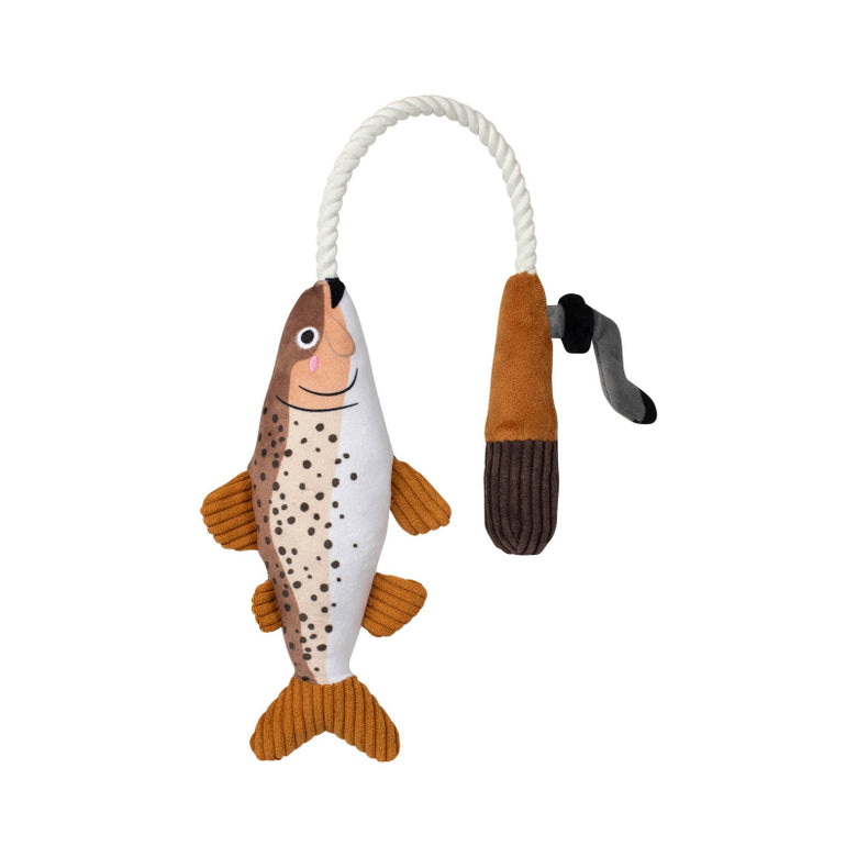 On The Line Fish on a Rod Plush Squeaky Rope Dog Toy