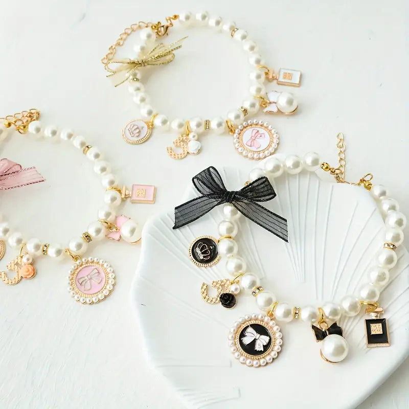 AE-HSTOR Collars Fashion Charms Faux Pearls and Bow Pet Necklace - 3 Colors