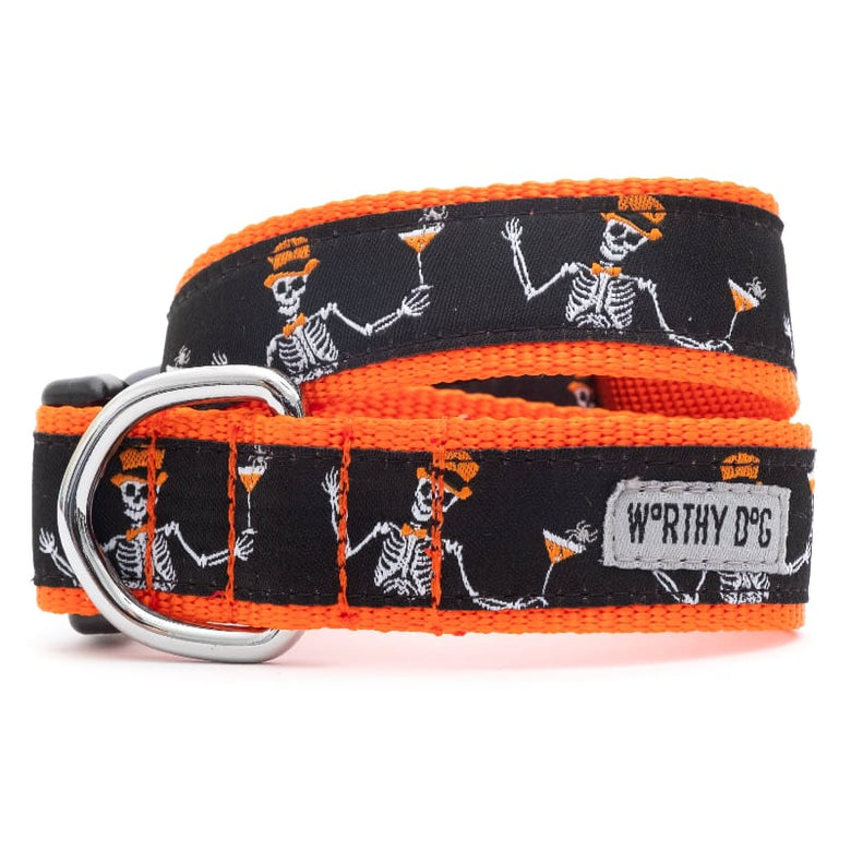 The Worthy Dog COLLARS SM Halloween BOO-SY Skeletons Black & Orange - BOOS! Dog Collar