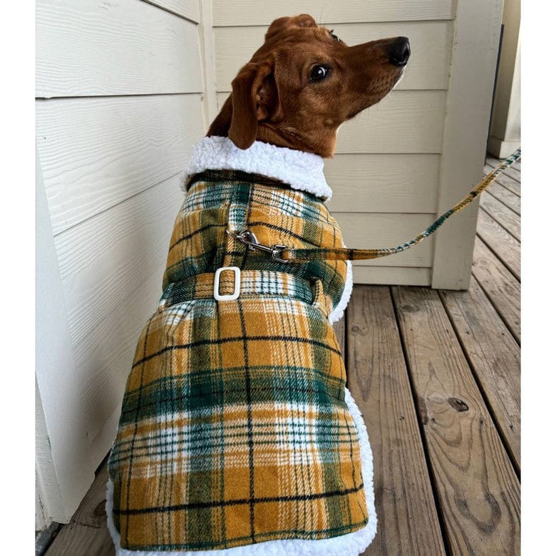 Doggie Design Dog Apparel Sherpa Lined Dog Harness Coat Yellow & Green Plaid with Matching Leash