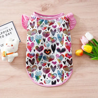 TM - NATTOPET Dog Apparel SM Colorful Hearts Patterned Pink Ruffle Sleeve Dog Tee