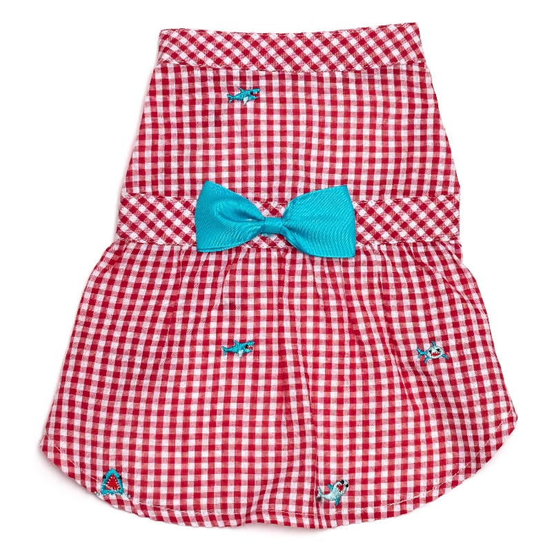 The Worthy Dog DRESSES XS Gingham Red & White Check with Teal Blue Bow Embroidered Sharks Chomp Dog Dress