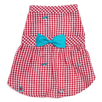 The Worthy Dog DRESSES XS Gingham Red & White Check with Teal Blue Bow Embroidered Sharks Chomp Dog Dress