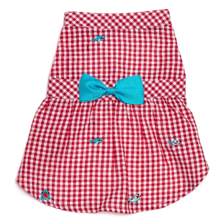 The Worthy Dog DRESSES XS Gingham Red & White Check with Teal Blue Bow Embroidered Sharks Chomp Dog Dress
