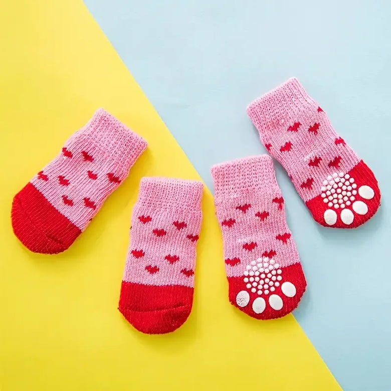 TM - MRT Pet Socks SM Sweet Hearts Non-Skid Bottom Warm Pink Pet Socks - 4pc