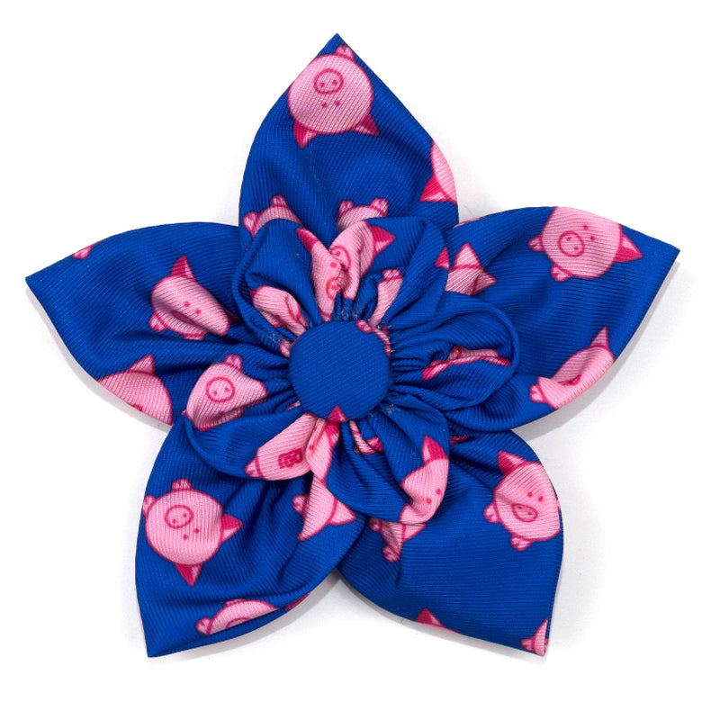 Wilbur Pig Blue / Pink Flower Pet Collar Attachment - 2 Sizes
