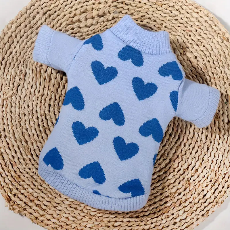 TM - JUNLING PETS Sweaters SM Lots of Blue Hearts Warm Turtleneck Pet Sweater