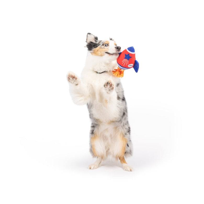 Rocket Man Patriotic Red Wht Blue Plush Squeak Dog Toy - 2 Sizes