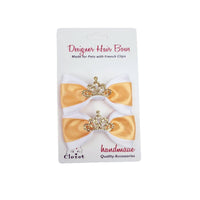 Barker's Bowtique Hair Bows Gold & White with Tiara Dog Hair Bows on French Clips - 2 per card