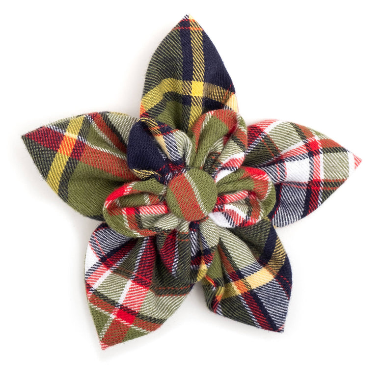 Olive Plaid Flower Pet Collar Attachment - 2 Sizes