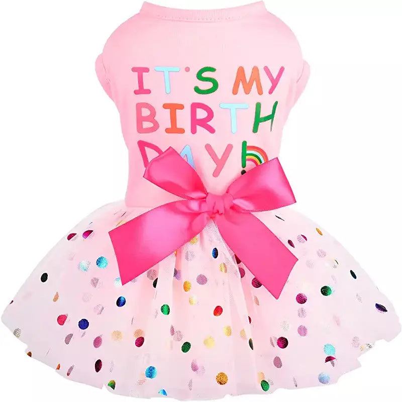 AE-STARPET Dog Apparel XS "It's My Birthday" Pink with Polka Dot Tutu Dog Dress