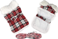 Sherpa Lined Stylish Red & White Plaid with Matching Leash Dog Harness Coat