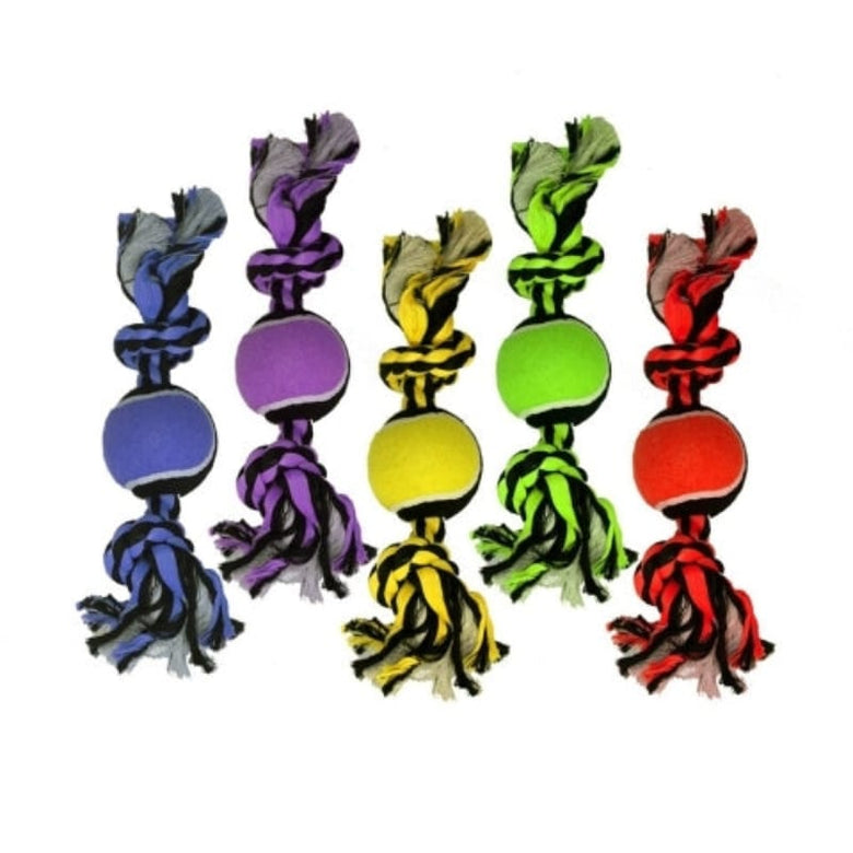 Multipet dog toys Red Nuts for Knots 2-Knot Rope with Tennis Ball Dog Toy - 10" - 2 Colors