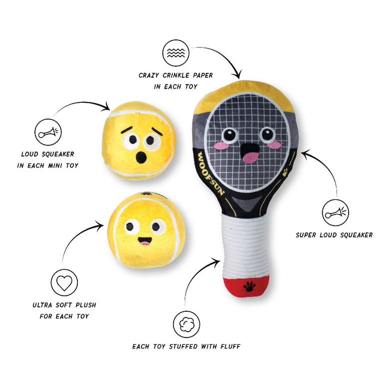 Serving Aces Tennis Sports Plush Squeaky Dog Toy Set - 3 Pc