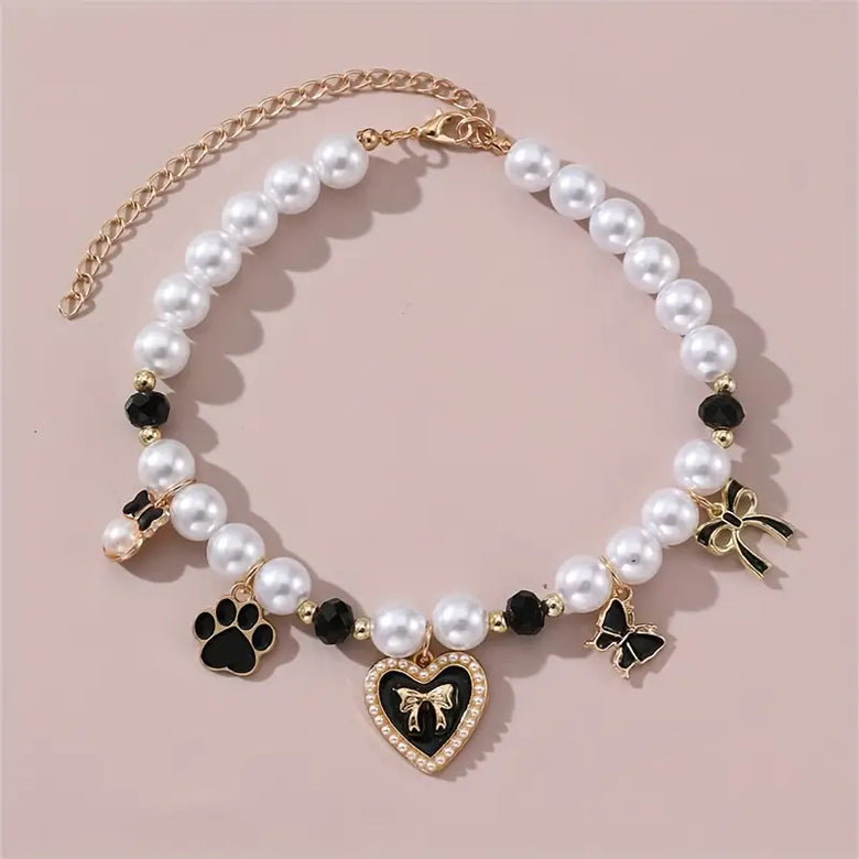 TM - JJPET Collars SM / Blk Heart with Bows and Paw Print Charms Faux Pearl Pet Necklace - 2 Colors