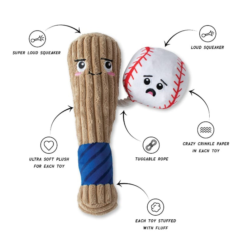 Petshop by Fringe Studio Dog Toys Batter Up Baseball Bat Ball Plush Squeak Dog Toy
