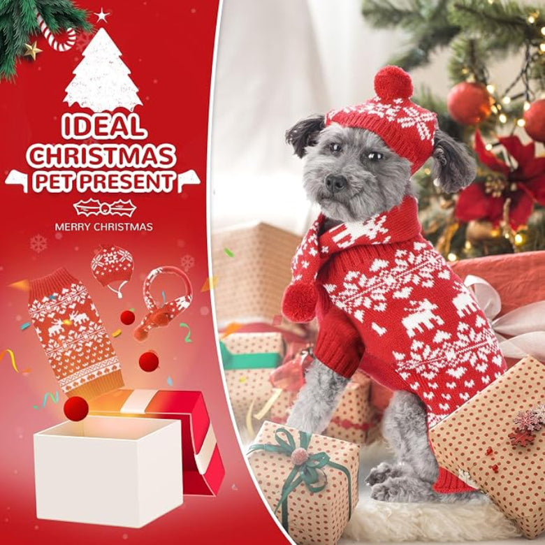 Winter Snowflakes & Reindeer Christmas Holiday 3 Pc Set- Dog Sweater/Hat/Scarf Set - Size MD