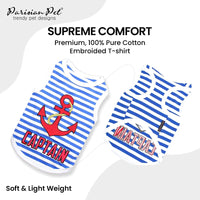 Captain Blue Striped Embroidered Red Anchor Summer Beach Dog Tee