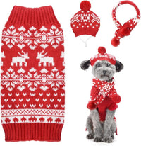 Winter Snowflakes & Reindeer Christmas Holiday 3 Pc Set- Dog Sweater/Hat/Scarf Set - Size MD