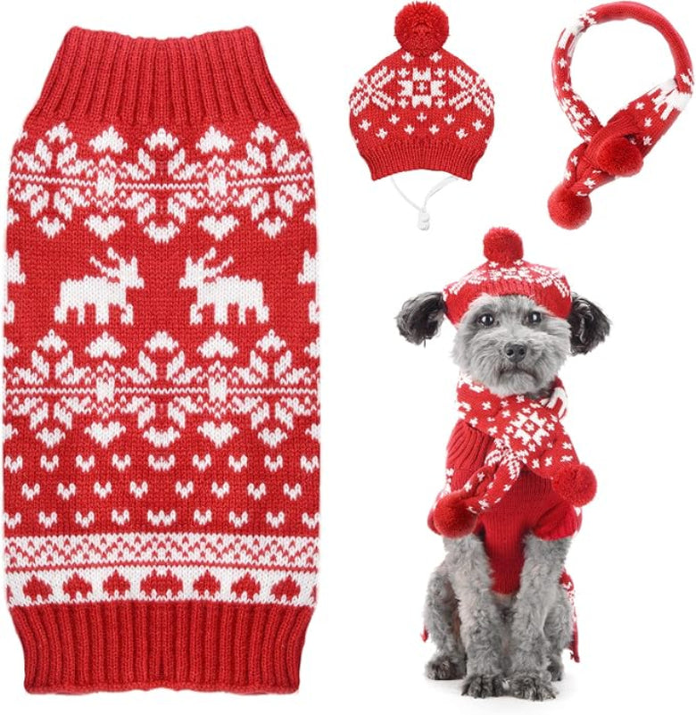 Winter Snowflakes & Reindeer Christmas Holiday 3 Pc Set- Dog Sweater/Hat/Scarf Set - Size MD