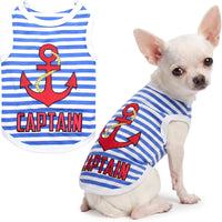 Captain Blue Striped Embroidered Red Anchor Summer Beach Dog Tee