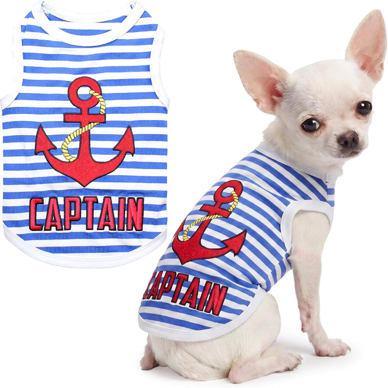 Captain Blue Striped Embroidered Red Anchor Summer Beach Dog Tee