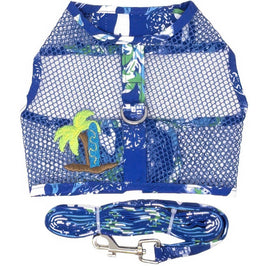 Cool Mesh Dog Harness with Leash - Hawaiian Ocean Blue & Palms