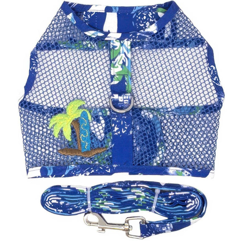 Cool Mesh Dog Harness with Leash - Hawaiian Ocean Blue & Palms