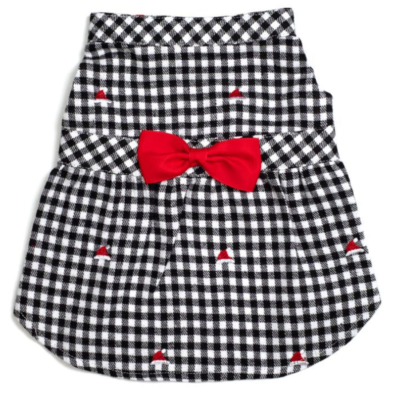 Check Black & Wht Red Bow Holiday Embroidered Christmas Santa Hats Dog Dress