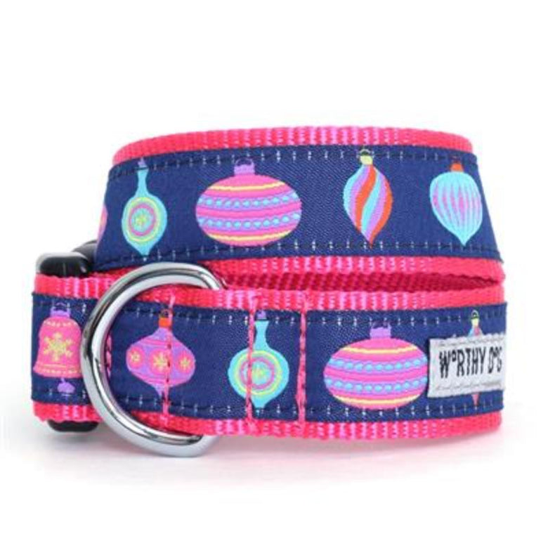 The Worthy Dog Collars SM Holiday Vintage Ornaments Navy/Pink Dog Collar
