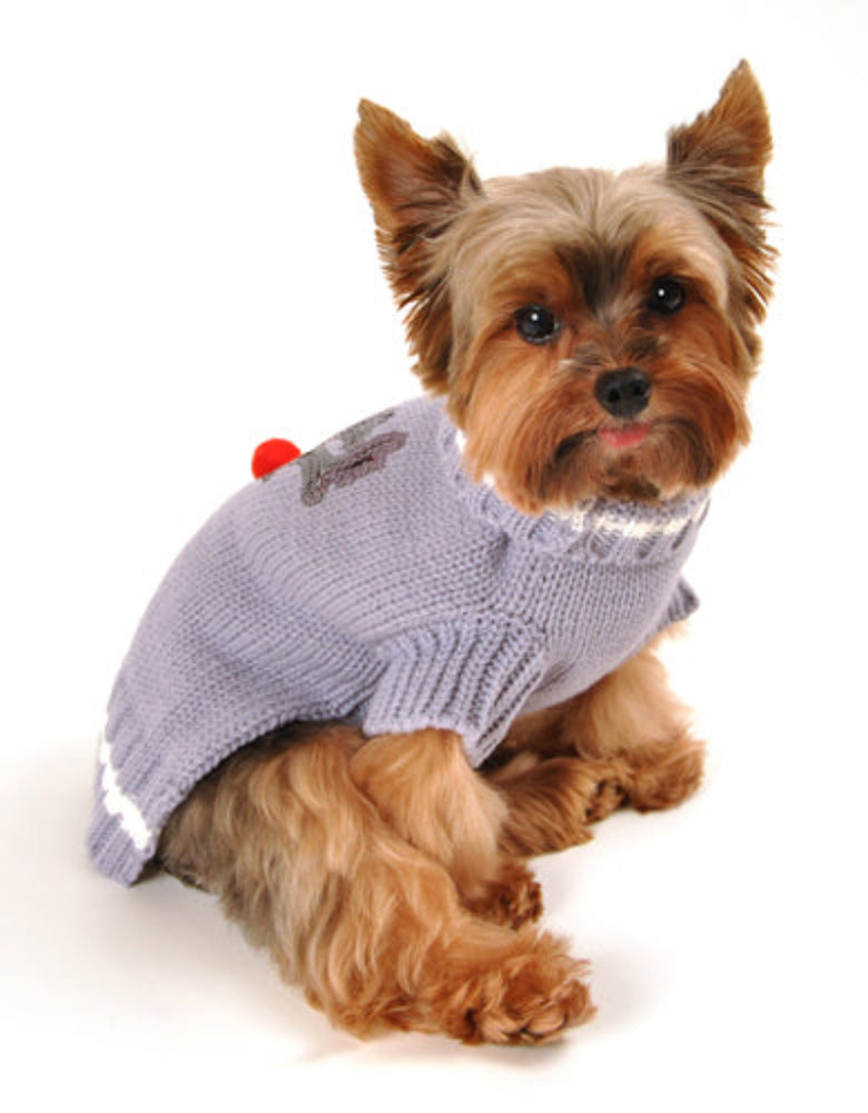 Reindeer Red Pom Pom Nose Christmas Holiday Gray Dog Sweater