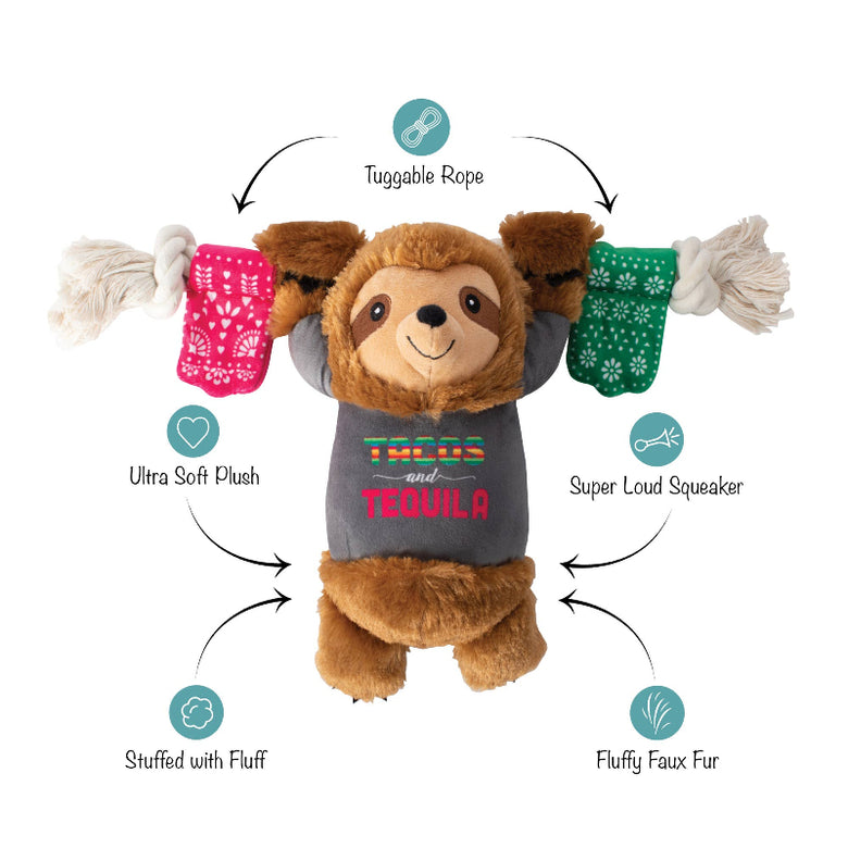 Tacos & Tequila Fiesta Sloth Plush Squeaky Rope Dog Toy