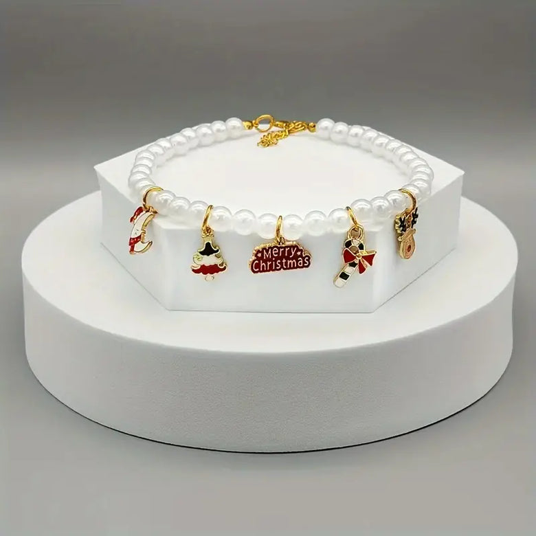 TMU - Sino-Sear GmbH Collars Merry Christmas Charms Faux White Pearls Pet Necklace