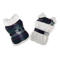 Doggie Design Jackets Sherpa Lined Dog Harness Coat Blue & Green Plaid with Matching Leash