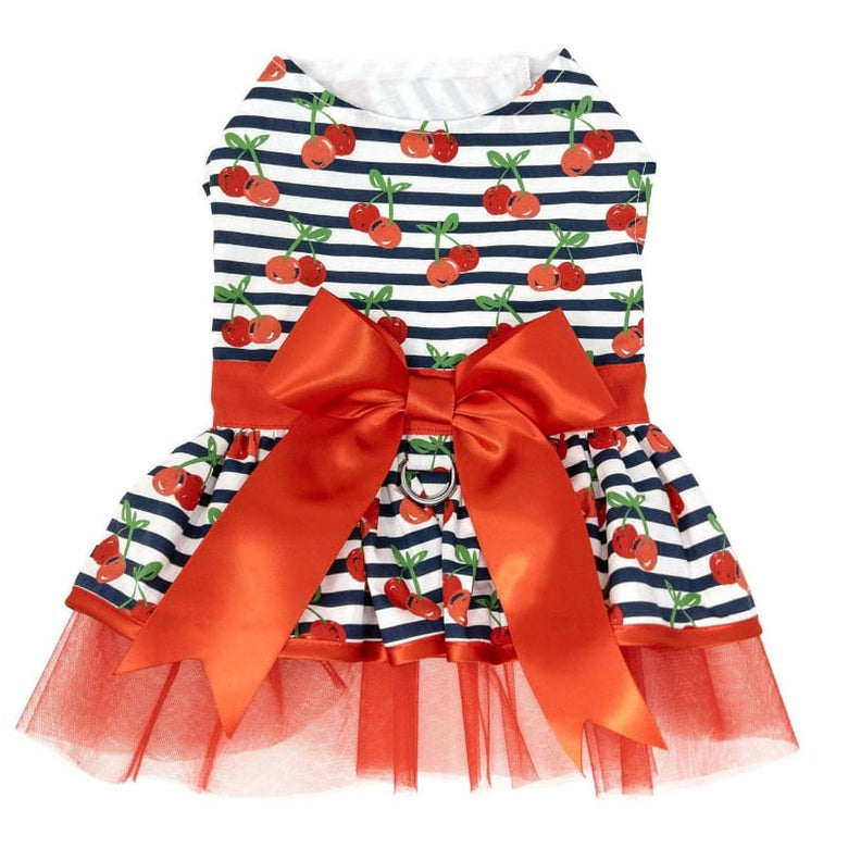Doggie Design Dog Apparel XS Red Cherry Stripe Dog Harness Dress & Matching Leash