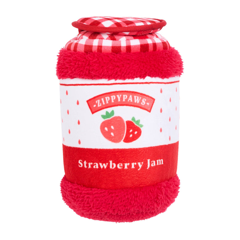 Strawberry Jam Jar Bungee Burrow Interactive Plush Squeaky Dog Toy