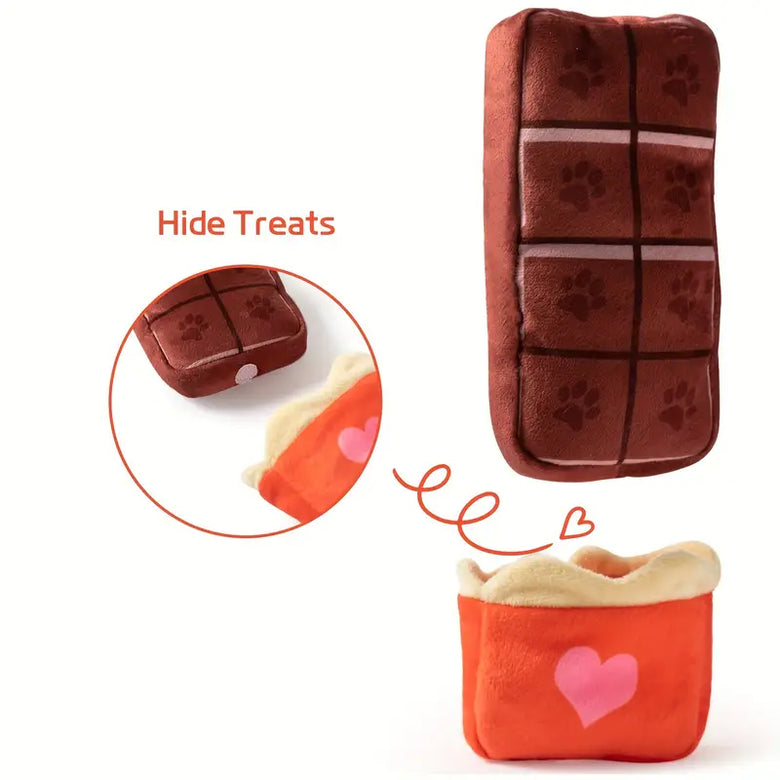 TM - PETTEEPOE dog toys Choco-late Shaped Paw Print Candy Bar Plush Heart Interactive Dog Toy