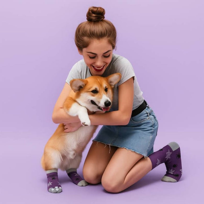 Extreme Fit Wholesale Pet Socks Purple Spiderweb Halloween Matching Pet & Owner Fun Socks - One Size Fits Most