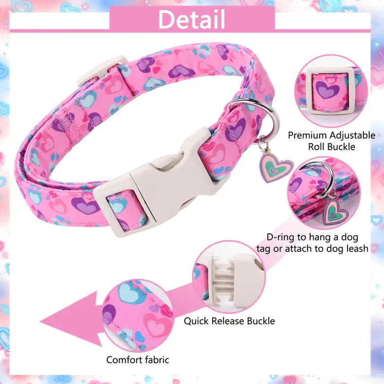 TM - PETS IN FAIRYLAND Collars Cartoon Hearts Pattern with Charm Pink Dog Collar