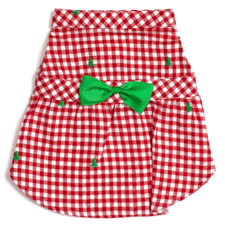 Check Red & White Green Bow Holiday Christmas Embroidered Trees Dog Dress