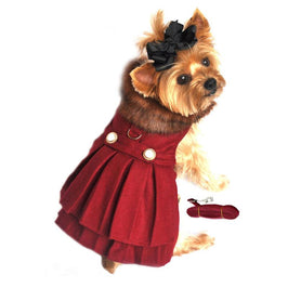Doggie Design, Inc. Jackets-Coats Wool Blend Burgundy Faux Fur Collar Classic Dog Harness Coat with matching Leash