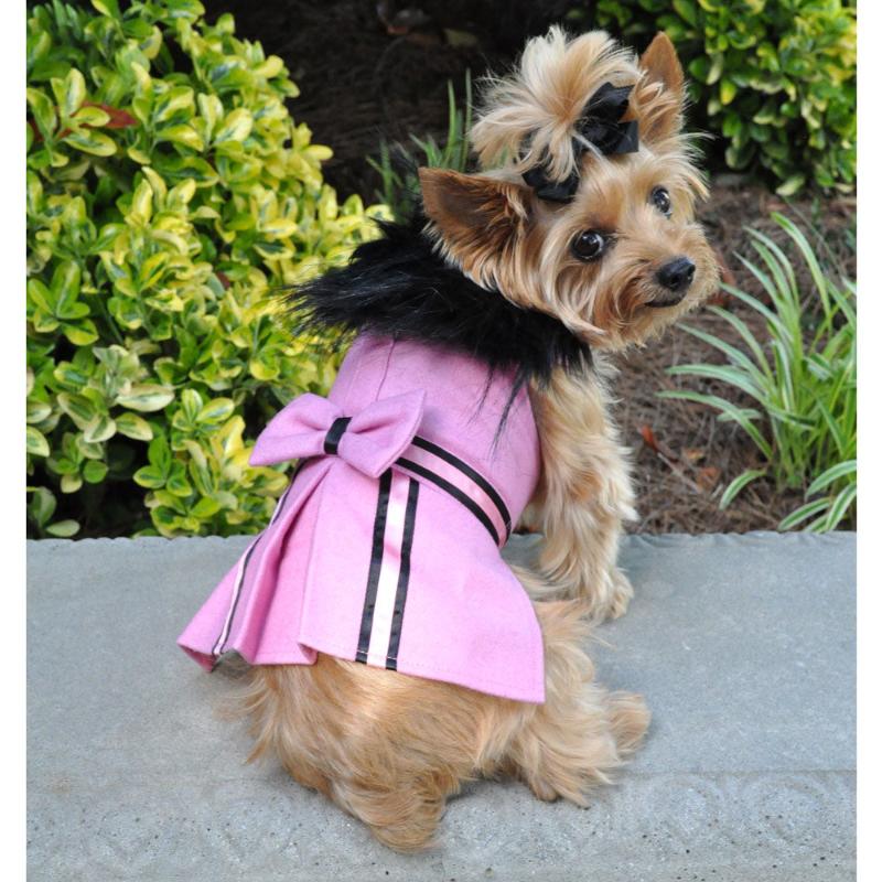 Doggie Design, Inc. Jackets-Coats Wool Blend Pink Faux Fur Collar Classic Dog Harness Coat with matching Leash